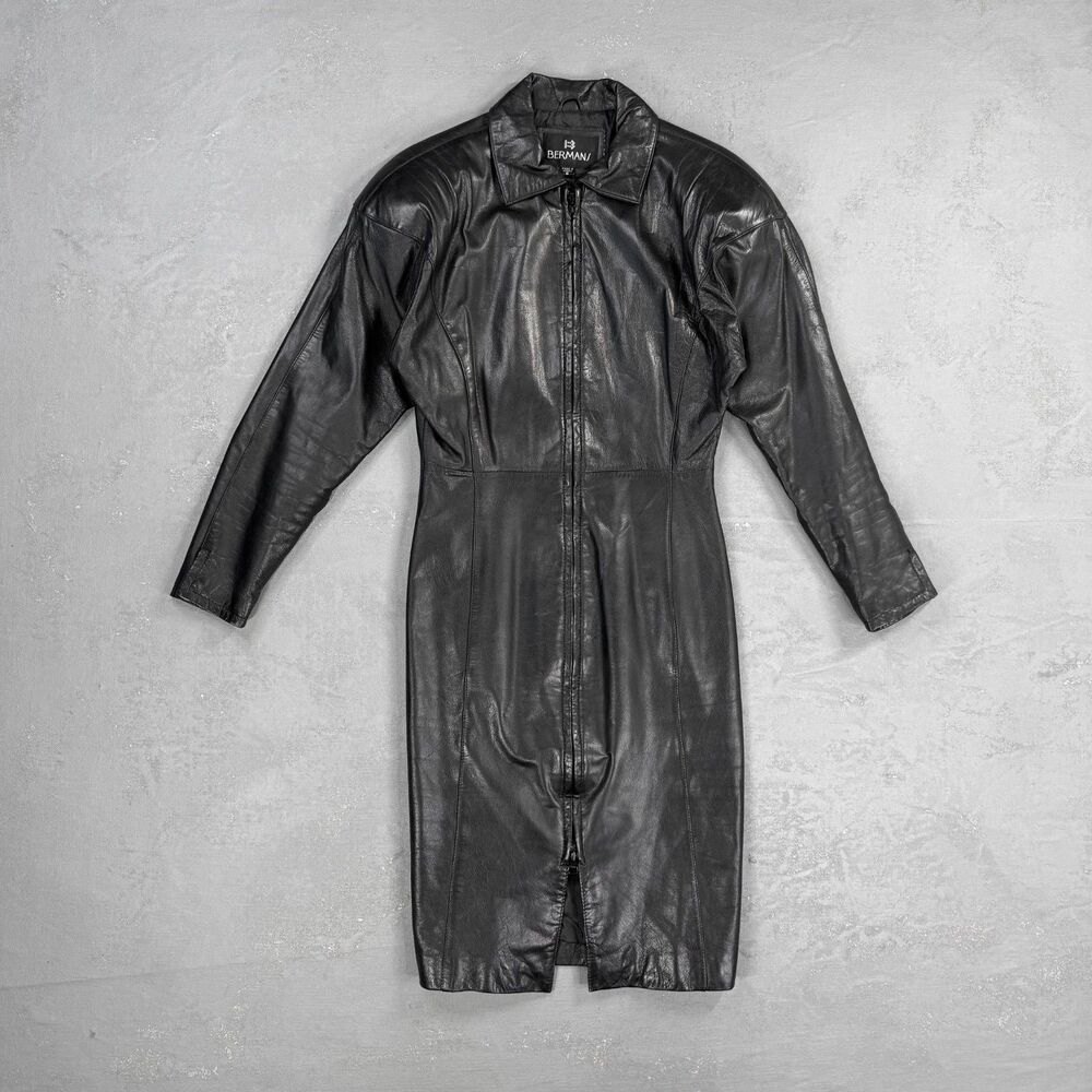 Vintage 1980s Bermans Black Leather Zip Front Long Sleeve Dress Women's 6
